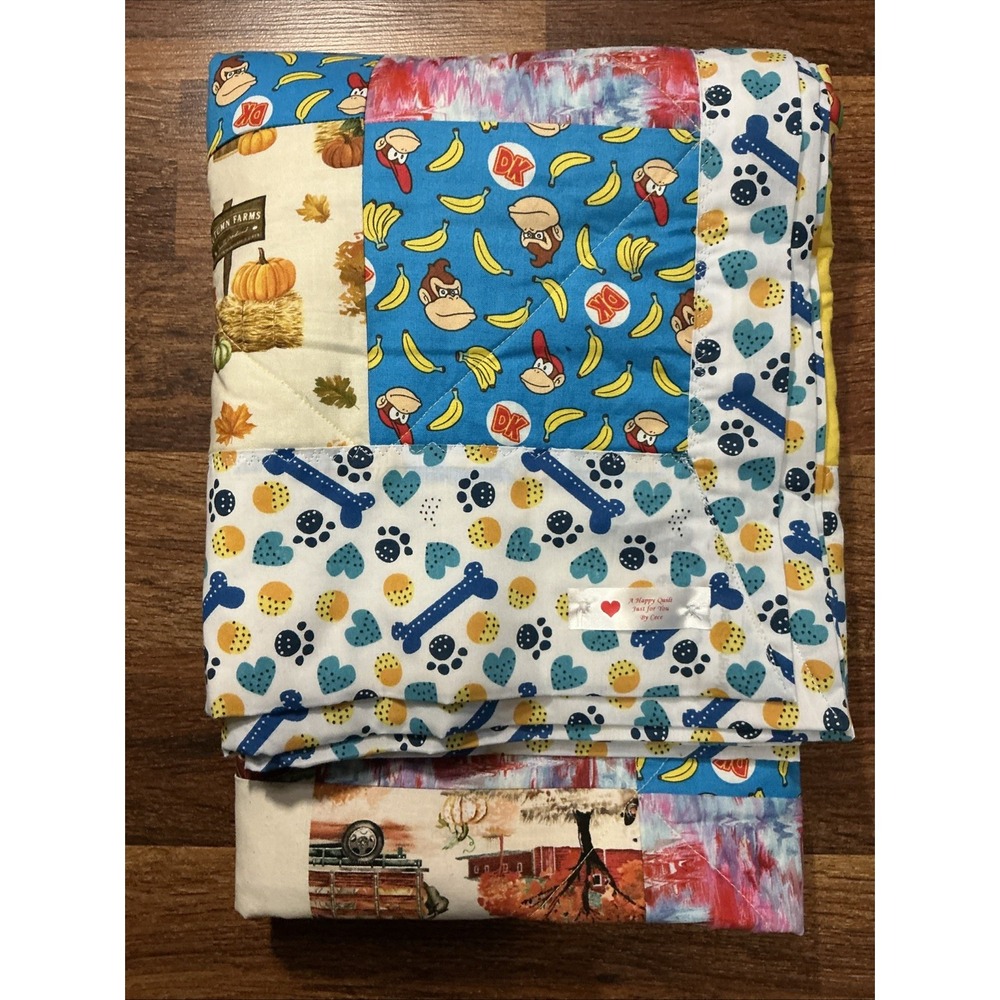 Handmade HAPPY QUILT By Cece Scrappy Patchwork Quilt/Throw 40in X 56in EUC